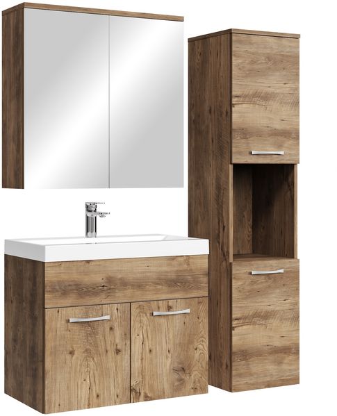 Badplaats Badmöbel Komplettset Montreal 60 x 35 cm Braun Eiche - Badezimmermöbel mit Waschbecken, Spiegelschrank und Badezimmerschrank