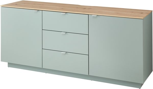 Lowboard >Core< 3 Schubladen, 2 Türen, in schilfgrün supermatt / Artisan Eiche Dekor - 180x77x44 (BxHxT)
