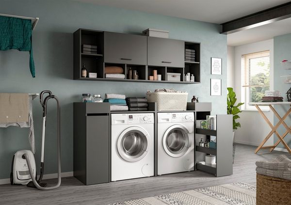 welltime Badmöbel-Set FALAS, TOPSELLER!, 6-teilig, Hauswirtschaftsraum Set, Breite 190 cm, (Set, 6-St, 2x Waschmaschinenumbauschrank, 2x Standregal & 2x Hängeschrank), Kombination, Waschmaschinenumbau, Waschmaschinenschrank, Wäschekammer