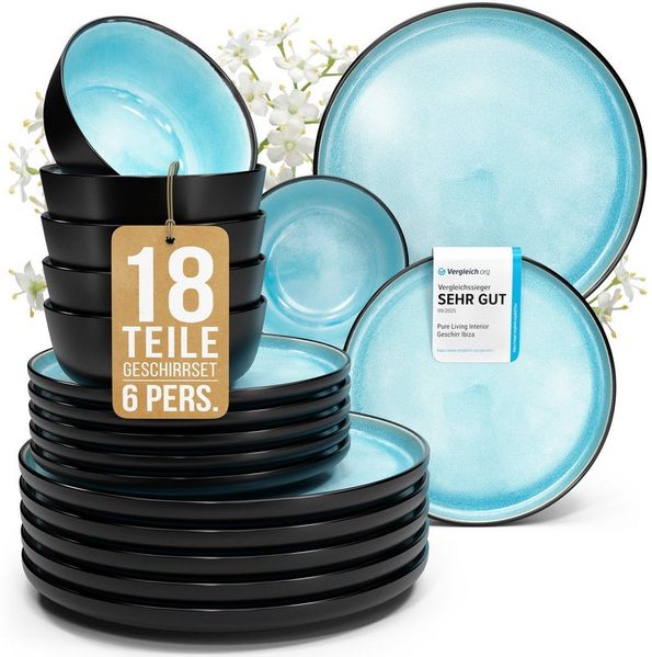 PURE LIVING INTERIOR DESIGN Geschirr-Set Pure Living Geschirr-Set »Ibiza« (18-tlg), 6 Personen, Steingut, Rauc, 6 Personen, Mediterrane Handwerksoptik, Reaktive Glasur – jedes Stück einzigartig…