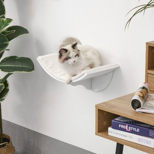 PawHut Kratzbaum Wand montierte Katze Regale, gebogene Kätzchen Bett, für Wohnzimmer, Weiß