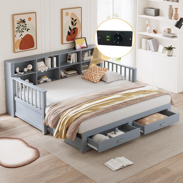 Ball & Cast Ausziehbares Massivholz-Schlafsofa 90/180x190 cm, Stauschrank mit Ladesteckdose in der Seitenlehne, Mit 2 Schubladen und Lattenrost, Multifunktionales Kiefernbett, Grau