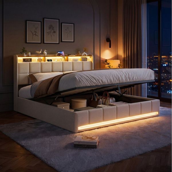 PXloue Polsterbett LED-Bett mit Stauraum und Ladeanschluss (Geeignet für Jugendliche und Erwachsene), Hydraulisches Stauraumbett, Bettkasten, Leinen