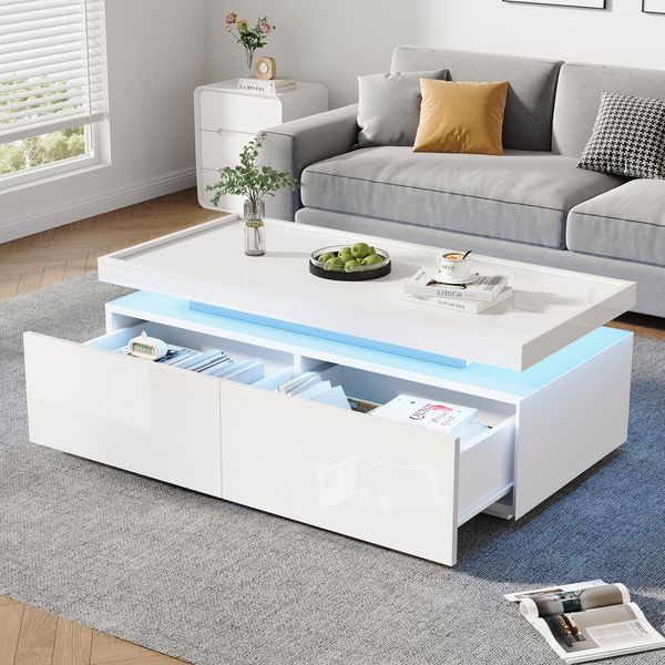 Couchtisch 95 x 45 x 35 cm, weiß Hochglanz, mit LED und 2 Schubladen