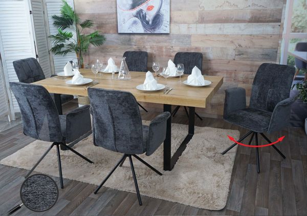 6er-Set Esszimmerstuhl HWC-N99, drehbar Armlehne Auto-Return, Stoff/Textil Chenille (340g/m²) Öko-Tex ~ dunkelgrau