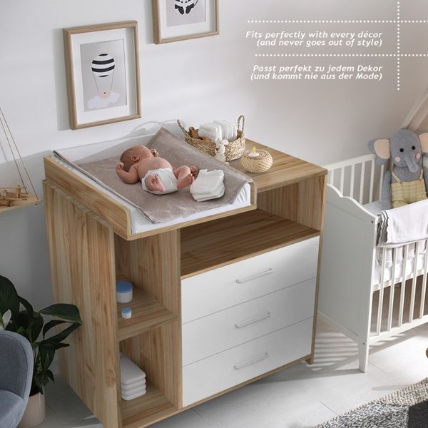 Infantastic® Wickelkommode - Mit Wickelauflage, 3 Schubladen, 3 Fächer, viel Stauraum, 113x53x101,6 cm, in MDF, Sonoma-Weiß - Baby Kommode, Wickelregal, Wickeltisch, Wickelschrank mit Wickelaufsatz