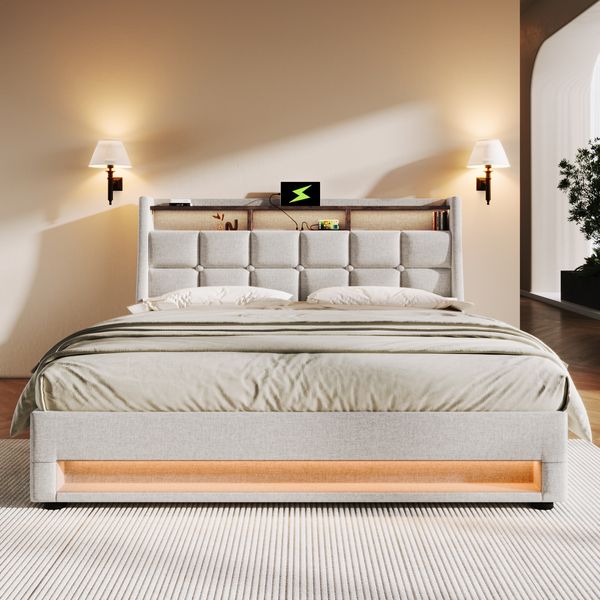 Novelux Polsterbett 160x200 cm mit LED Beleuchtung & 2 USB-Anschlüssen – Leinenstoff Hellbeige, Doppelbett mit Metallrahmen & Lattenrost, 300kg Tragkraft