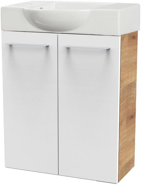 FACKELMANN SBC MILANO Gäste WC Waschtisch Set 55 cm breit, Weiß/Braun hell, Waschbecken Keramik Weiß, Hahnloch links