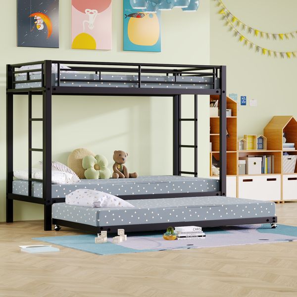 90*200cm Etagenbett, Eisenrahmenbett, Kinderbett, ausgestattet mit Ausziehbett, hohe Geländer, EN747 zertifiziert, robuste Konstruktion, schwarz