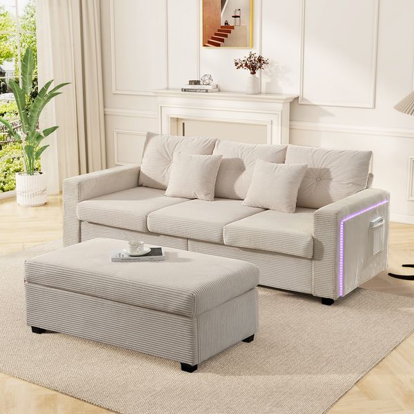 3-Sitzer Wohnlandschaft H 85.5 x T 184 x B 84.5 cm aus Cord mit LED, flexiblem Ottoman und Schlaffunktion