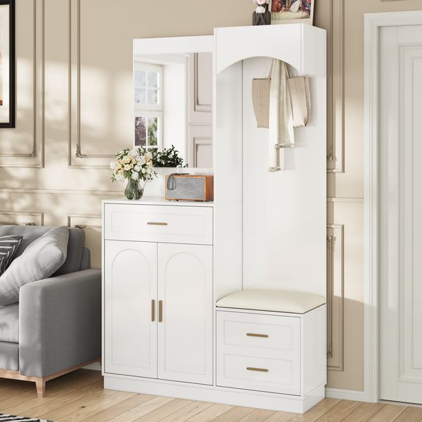 Kompaktgarderobe mit Schuhschrank, Schuhbank, Kosmetikspiegel, verstellbare Einlegeböden, MDF weiß, platzsparend