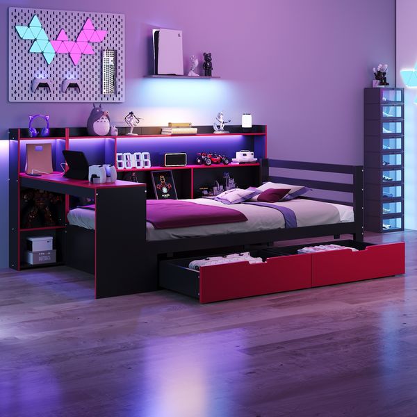 Merax Einzelbett, Holzbett, Schlafsofa 90 x 200 cm, Mit Schreibtisch, Bücherregal, Staufächern und Regalen, Mit integrierter Beleuchtung und Steckdosen, Schubladen, Schwarz + Rot