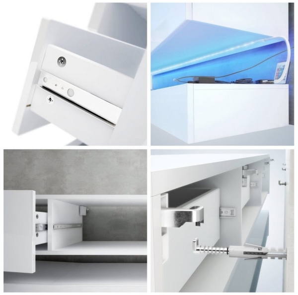 Vladon Lowboard City, TV-Kommode mit Sockelelement, 1 offenem Fach und 3 Schubkästen, Weiß matt/Weiß Hochglanz, inkl. LED-Beleuchtung (178 x variabel x 39 cm) Bild 3