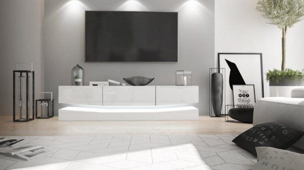 Vladon Lowboard City, TV-Kommode mit Sockelelement, 1 offenem Fach und 3 Schubkästen, Weiß matt/Weiß Hochglanz, inkl. LED-Beleuchtung (178 x variabel x 39 cm) Bild 2