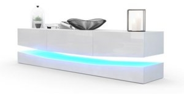 Vladon Lowboard City, TV-Kommode mit Sockelelement, 1 offenem Fach und 3 Schubkästen, Weiß matt/Weiß Hochglanz, inkl. LED-Beleuchtung (178 x variabel x 39 cm) Bild 6