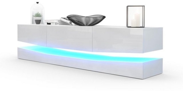 Vladon Lowboard City, TV-Kommode mit Sockelelement, 1 offenem Fach und 3 Schubkästen, Weiß matt/Weiß Hochglanz, inkl. LED-Beleuchtung (178 x variabel x 39 cm) Bild 4