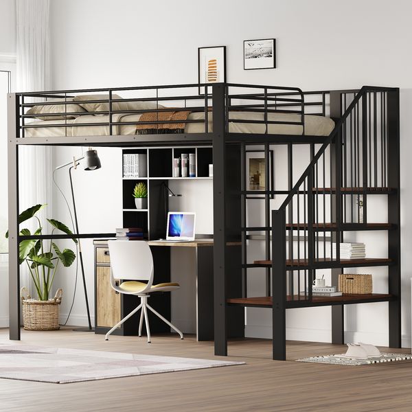 Hochbett 140×200 cm mit Treppe und Stauraum, Metall-Holz-Konstruktion, Schwarz, ohne Matratze