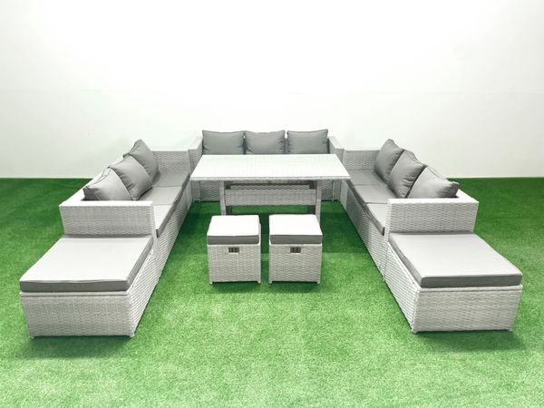 Fimous Rattan Gartenmöbel Essgarnitur 13 Sitzer Sofa Esstisch Set mit 4 Hockern Hellgrau gemischt