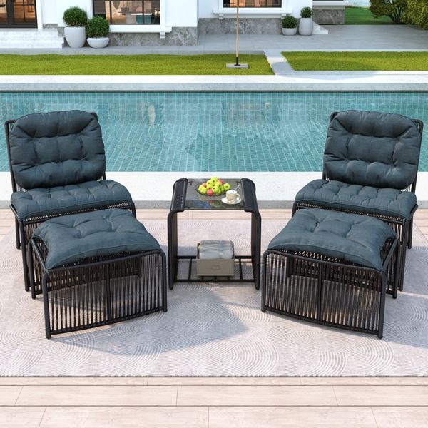 LVHOM Gartenmöbel-Set 5-tlg, Balkonmöbel-Set mit 2 Sessel, 2 Hocker und Tisch, inkl. Sitzpolster, Sitzgruppe Polyrattan, Wetterfestes Lounge-Set