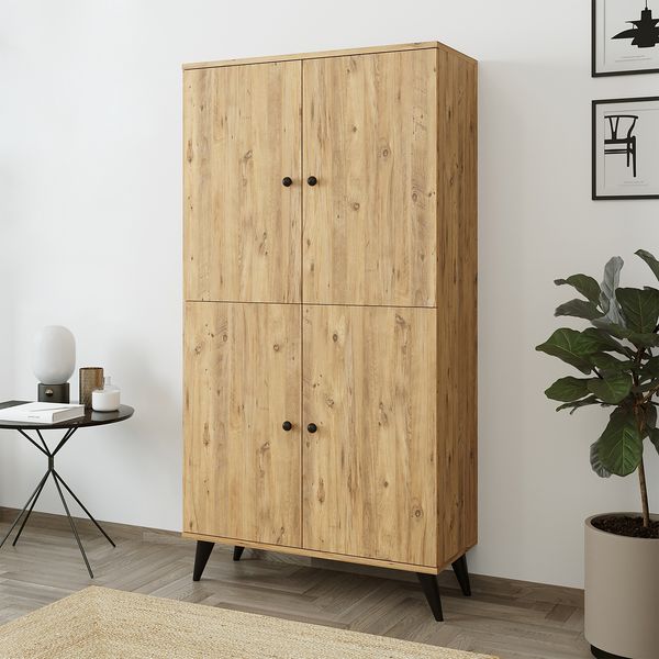 Roomart RETRA-02 Mehrzweckschrank mit Türen – Bücherschrank & Aufbewahrungsschrank in Eiche – 4 Fächer, 3 Regalböden – 165×85×37 cm – Wohnzimmerschrank, Büroschrank, Kinderzimmer • Eiche