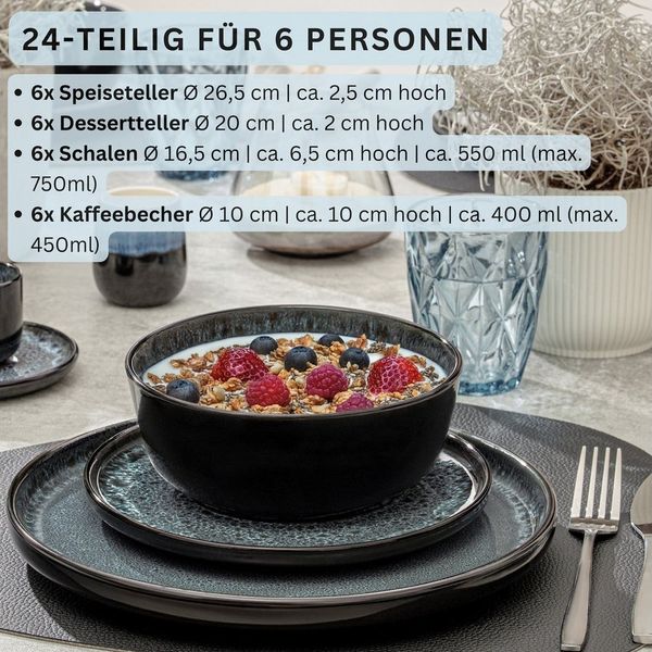 SÄNGER Tafelservice Manila Geschirrset (24-tlg), 6 Personen, Steingut, Blau-Schwarz, Handmade, Erweiterbar, VALUE COLLECTION