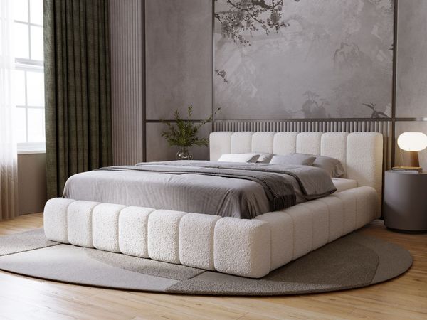 GRAINGOLD Orio Doppelbett 140x200, Polsterbett mit Kopfteil, Bettkasten, Bouclé-Stoff, Beige