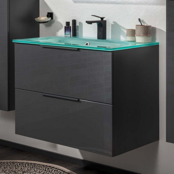 Fackelmann LUNA Badmöbel Set 2-teilig, 80 cm breit, Schwarz/Anthrazit, Glas Mint
