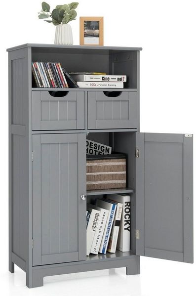 COSTWAY Badkommode, mit 2 Schubladen, Türen & 3 Fächern,Holz,60 x 30 x 109 cm