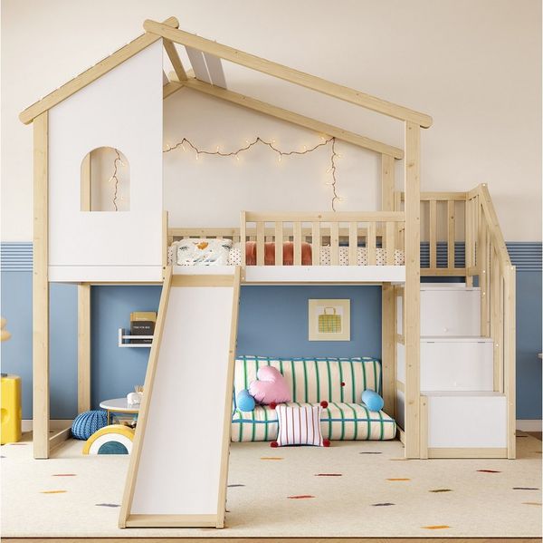 Flieks Etagenbett, Kinderbett 90x200cm mit Haus-Fenster-Design, Stauraumtreppe, Rutsche