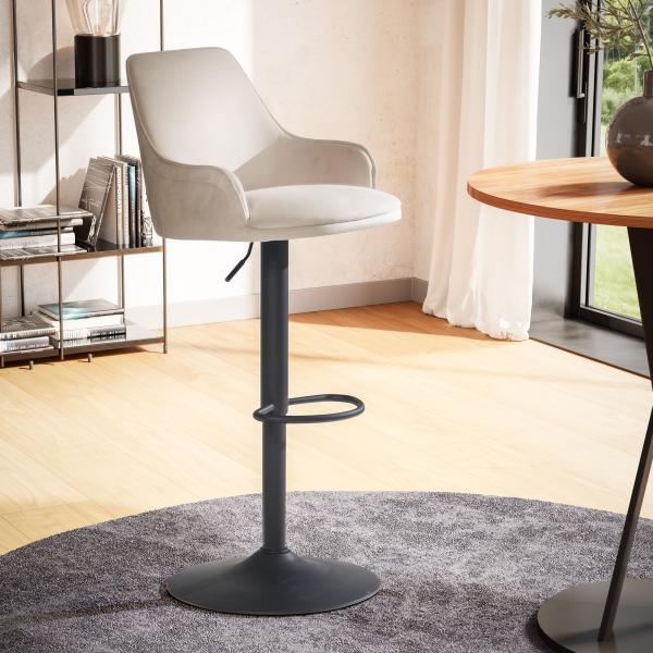 FineBuy Barhocker Samt Hocker mit Lehne 86 - 106 cm, Küchenhocker Höhenverstellbar Modern 100 kg, Barstuhl Tresenhocker mit Metall-Trompetenfuß, Bistrohocker Gepolstert mit Armlehne Beige