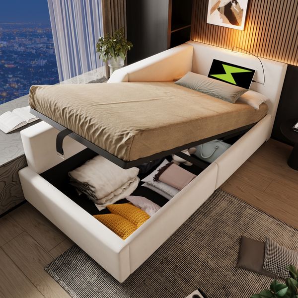 Kinderbett 90×200 cm mit Rausfallschutz, Stauraum, USB-C und Leselicht, Samt Beige, ohne Matratze