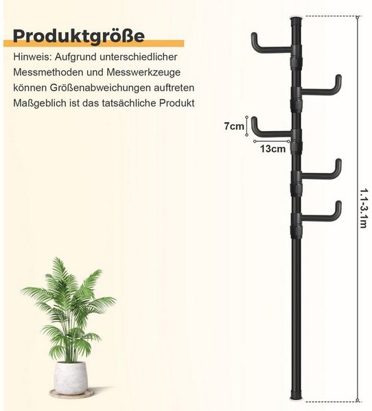 QUBEBU Kleiderständer Garderobenständer 4/5 Haken, Drehbarer Jackenständer Freistehend, (Set, 1 St, Höhenverstellbar von 110-310 cm, Kleiderstange Standgarderobe), Kein Bohren, Unterstützung von Boden und Decke