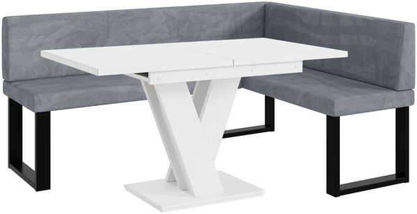 MEBLINI Eckbank für Esszimmer mit ausziehbarem Tisch - Küchenbank - Essecke - Sitzecke Küche - TONI - U-Beine 128x168x87cm Rechts - Grau Samt/M Weiß Matt