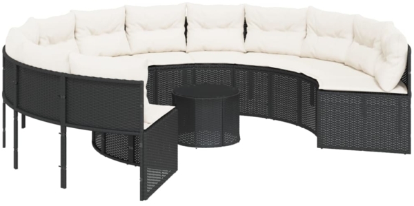 vidaXL Gartensofa mit Tisch und Kissen Rund Schwarz Poly-Rattan 3318544