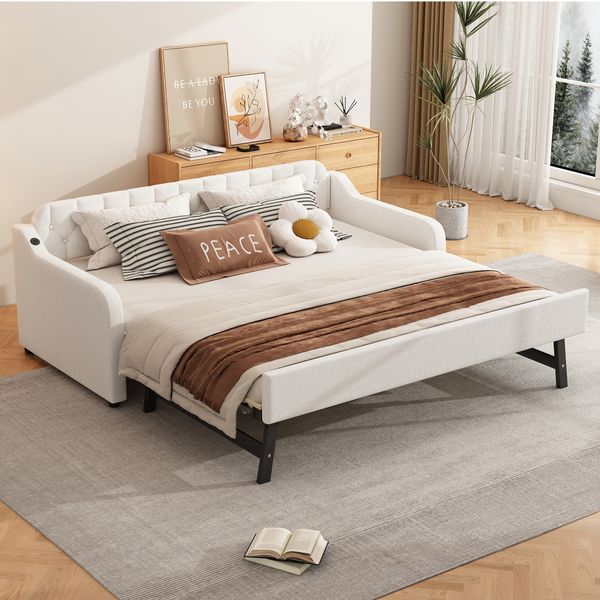 Schlafsofa aus Leinenstoff mit Ausziehbett & USB-Anschluss, 90x200 cm, Beige, ohne Matratze