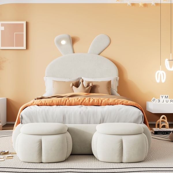 Polsterbett 90x200 cm aus Samt mit LED-Beleuchtung und Stauraum – verspieltes Hasenohren-Design