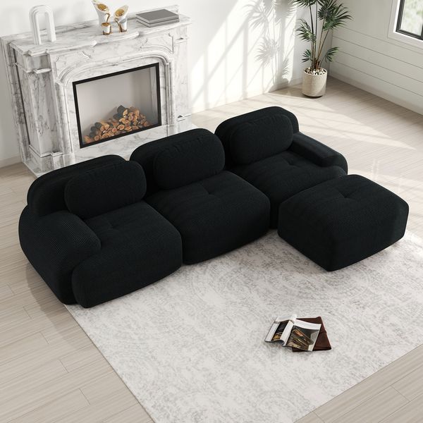 Ecksofa modular, Cordstoff Schwarz, ergonomisch mit 32D hochelastischem Schaum, montagefrei, flexibel konfigurierbar，H 75 x T 298 x B 178 cm