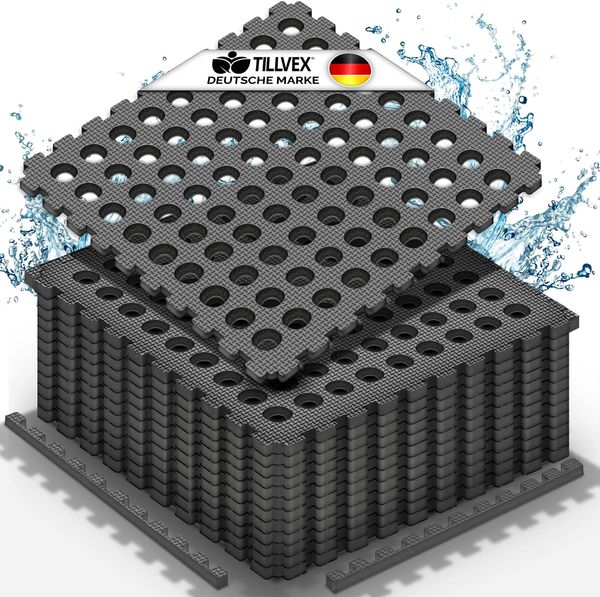 tillvex® Pool Bodenschutzmatte mit Löchern 24 Stück Schwarz | Unterlegmatte für Pool & Planschbecken 51x51 cm | Poolmatte Bodenmatte Outdoor | Poolunterlage Bodenschutz Matten wärmeisolierend | Whirlpool Bodenfolie weich
