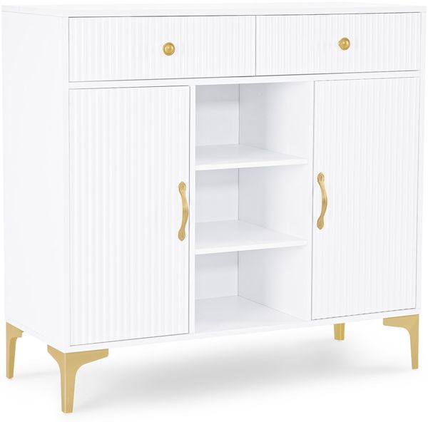 BarberPub Sideboard mit 2 Schubladen, Badezimmerschrank mit 3 Offenen Fächern & 2 Verstellbaren Ablagen, Küchenschrank, Kommode Weiß, Beistellschrank für Nagelstudio, Badschrank, 40x100x95cm, 6647