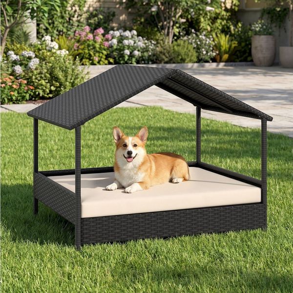 COSTWAY Tierbett, Hundeliege, Hundebett aus Rattan, mit Kissen & Dachschutz