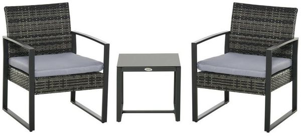 Outsunny Rattan, Polyrattan 3 TLG. Balkonmöbel Set Gartenmöbel mit Kissen Garten Grau