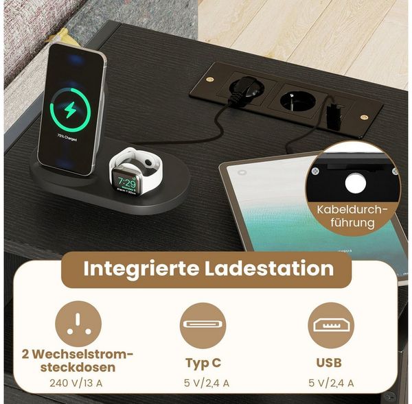 COSTWAY Nachttisch (1-St), Beistelltisch mit Ladestation, Sofatisch mit Schublade