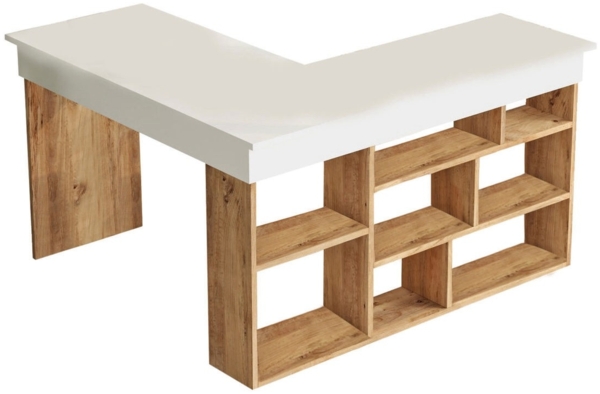 Vente-unique - Eckschreibtisch mit Stauraum - Weiß & Naturfarben - LILEUL