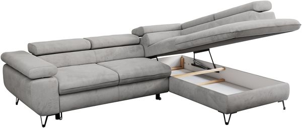 Mks Möbel 'Peter L-form' Ecksofa mit Bettfunktion, Bettkasten & einstellbaren Kopfstützen, Hellgrau, Velours, rechts Bild 5