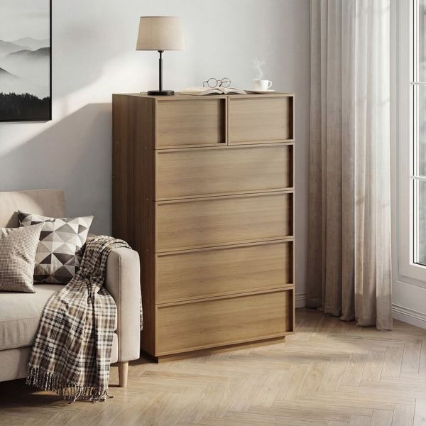BBWL Stauraumschrank Kommode 6 Schubladen Holz Eiche hoch modern Wohnzimmer stabil grifflos Aufbewahrungsschrank Sideboard, 80 x 48 x 127 cm