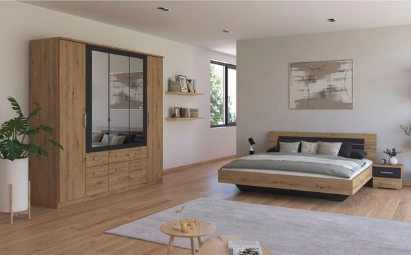 Schlafzimmer Burano in Eiche und Grau 4 teilig – mit verschiedenen Schrankvarianten wählbar - 4 teilig , Kleiderschrank 5 türig + 180er Doppelbett + 2 Nachttische
