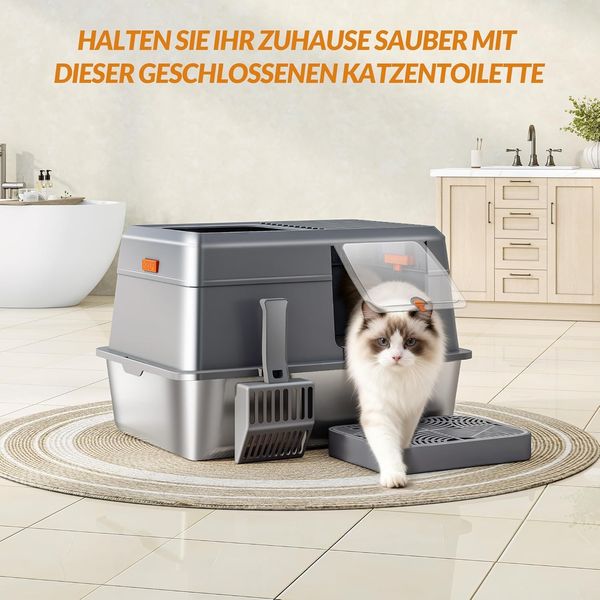 Katzenklo Edelstahl mit Deckel, XXL Geschlossene Katzenklo, Katzentoilette mit Trittstufe und Schaufel, Leicht zu Reinigen, Zwei Eingänge, Herausnehmbar, 60x40x38 cm, Dunkelgrau