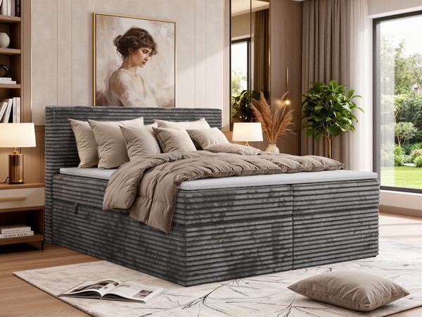 Boxspringbett mit Bettkasten TILION, Bett 200 x 200 cm mit 7-Zonen-Multipocket-Kern H4, Cord Boxspringbett, Polsterbett, Topper Visco - Grau Cord