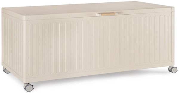 Gartentruhe Necon - Aluminium Seidenbeige, mit Gaskolben und Rollen, Größe L