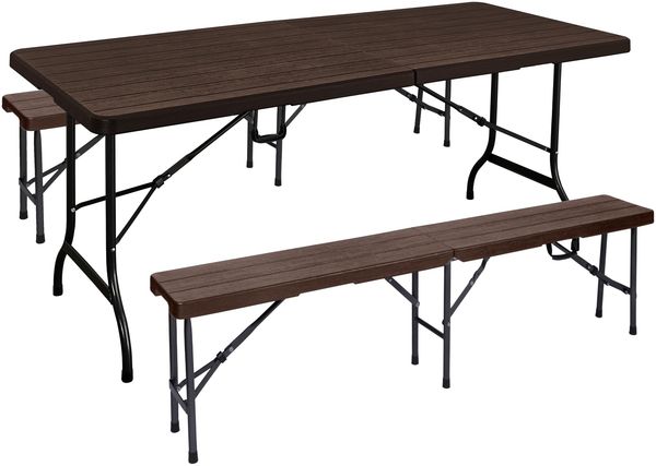 Bierzeltgarnitur RITA 3-teilig Tisch & 2x Bank Braun Kunststoff | Buffettisch Gartengarnitur Klapptisch Klappbank Gartentisch